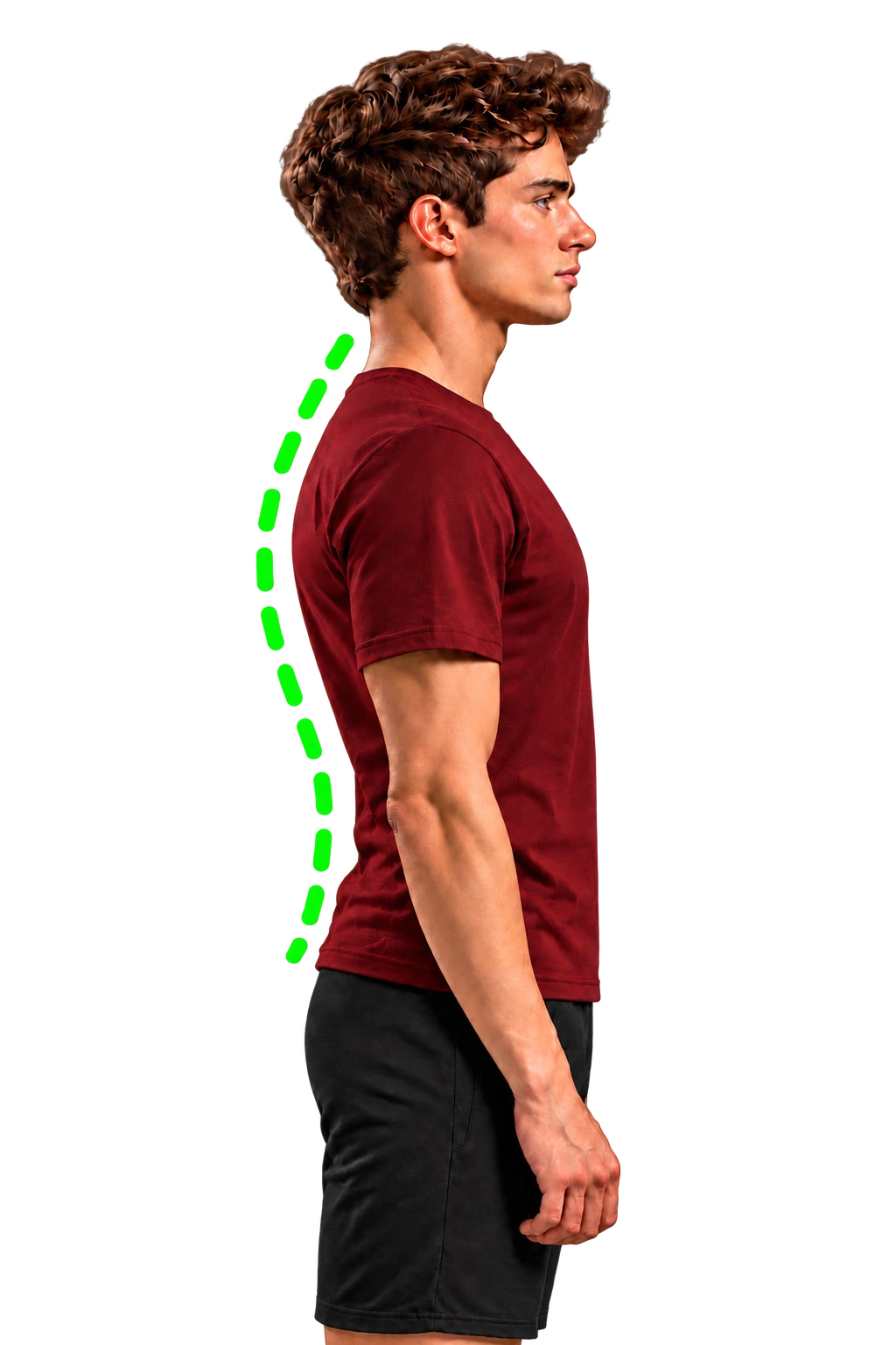 Side view of a man standing upright with his spine highlighted